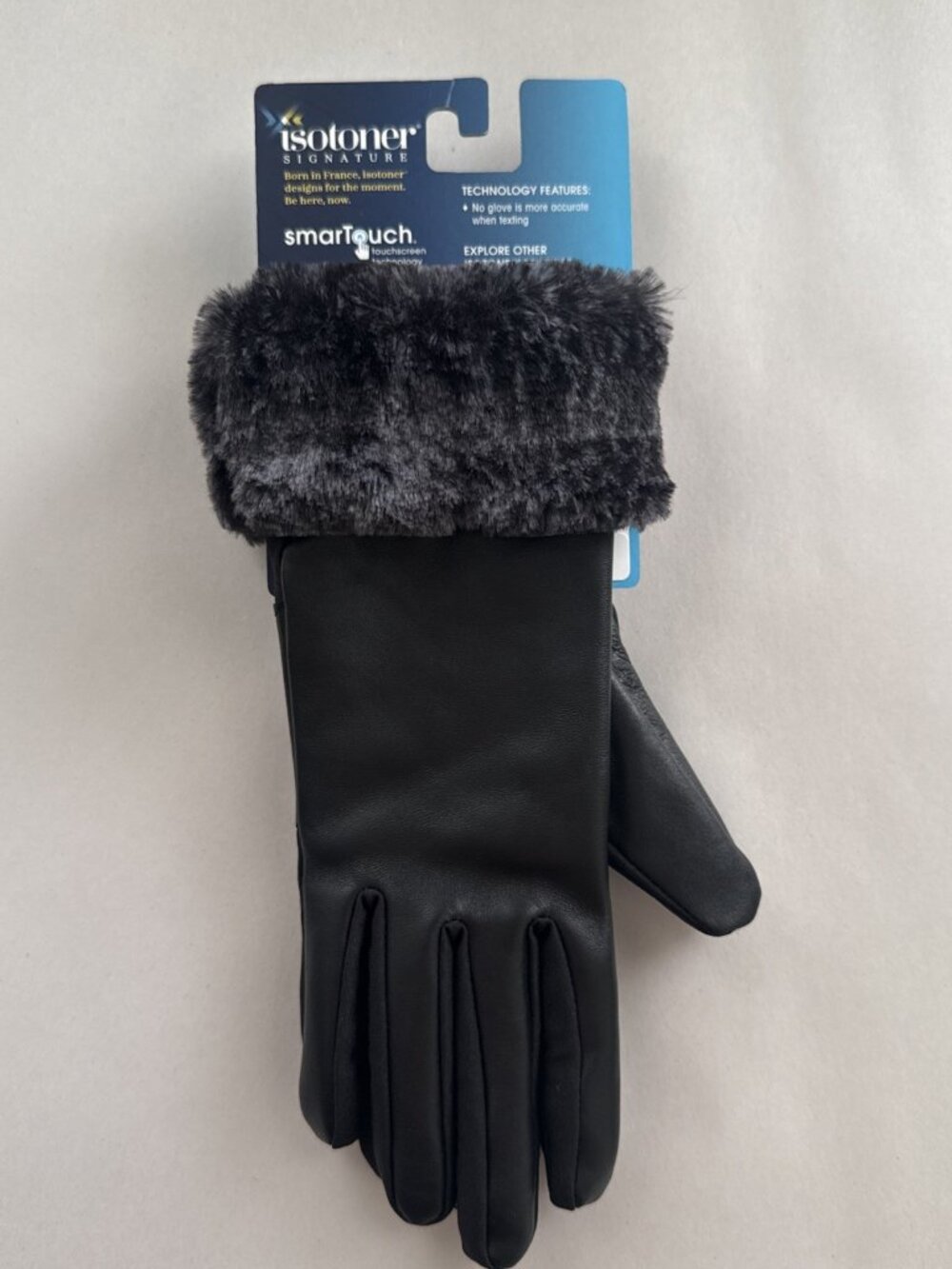 Isotoner Women's Small Medium Black Leather Gloves Faux Fur Smart Touch NWT
